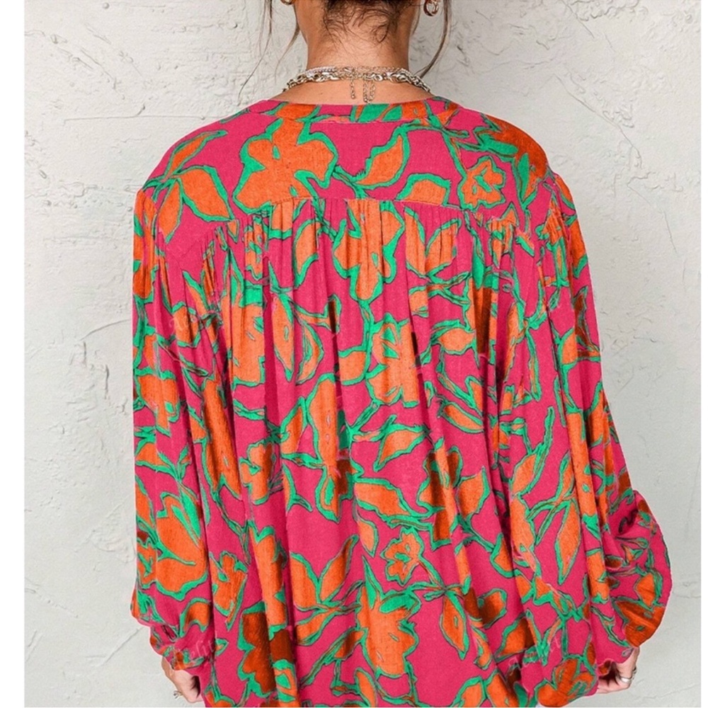 Boho Floral Print Vibrant Button Down Oversized Long Sleeve Top XS S M L XL XXL - Picture 3 of 3